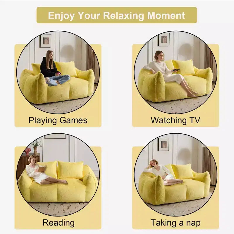 Ultra Soft Fluffy Loveseat Floor Bean Bag Sofa with Plump Pillows,Oversized Lazy Lounge Couch for Living Room,Bedroom
