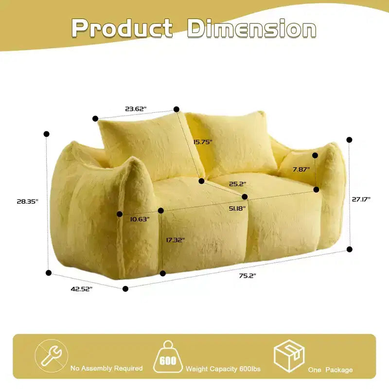 Ultra Soft Fluffy Loveseat Floor Bean Bag Sofa with Plump Pillows,Oversized Lazy Lounge Couch for Living Room,Bedroom