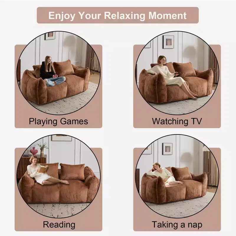 Ultra Soft Fluffy Loveseat Floor Bean Bag Sofa with Plump Pillows,Oversized Lazy Lounge Couch for Living Room,Bedroom