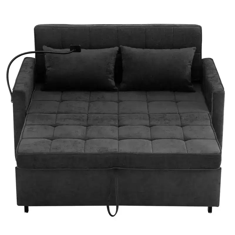 56.9 Convertible Sleeper Sofa Bed, Upholstered Pull Out Sofa with USB and Adjustable Backrest, Foldable Couch Bed for Living Room-Black