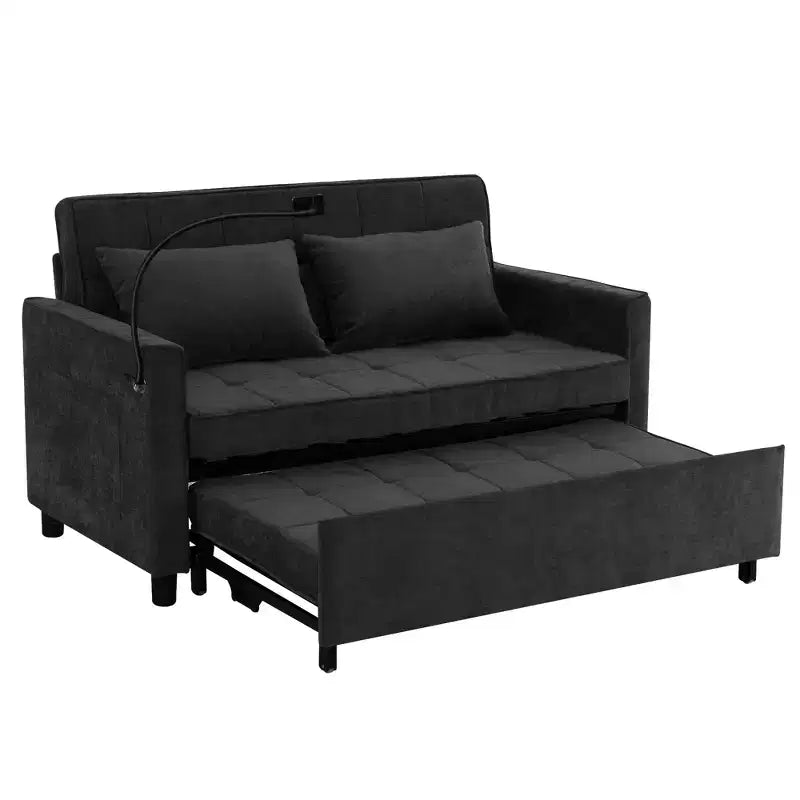 56.9 Convertible Sleeper Sofa Bed, Upholstered Pull Out Sofa with USB and Adjustable Backrest, Foldable Couch Bed for Living Room-Black