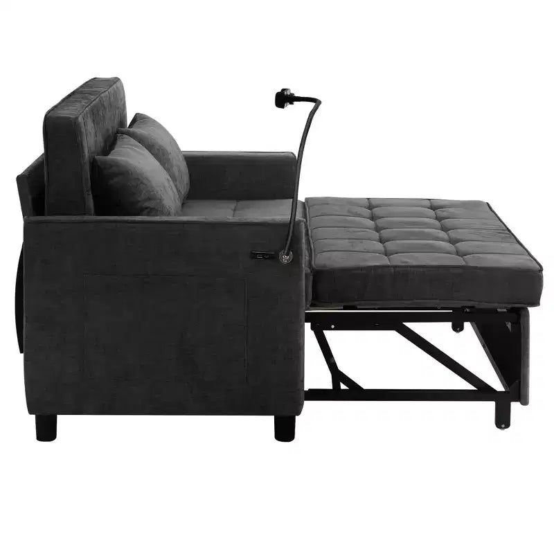 56.9 Convertible Sleeper Sofa Bed, Upholstered Pull Out Sofa with USB and Adjustable Backrest, Foldable Couch Bed for Living Room-Black