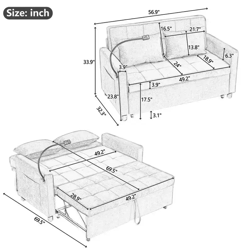 56.9 Convertible Sleeper Sofa Bed, Upholstered Pull Out Sofa with USB and Adjustable Backrest, Foldable Couch Bed for Living Room-Black