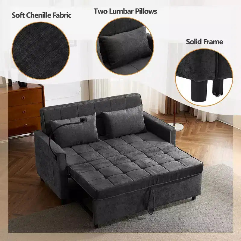 56.9 Convertible Sleeper Sofa Bed, Upholstered Pull Out Sofa with USB and Adjustable Backrest, Foldable Couch Bed for Living Room-Black