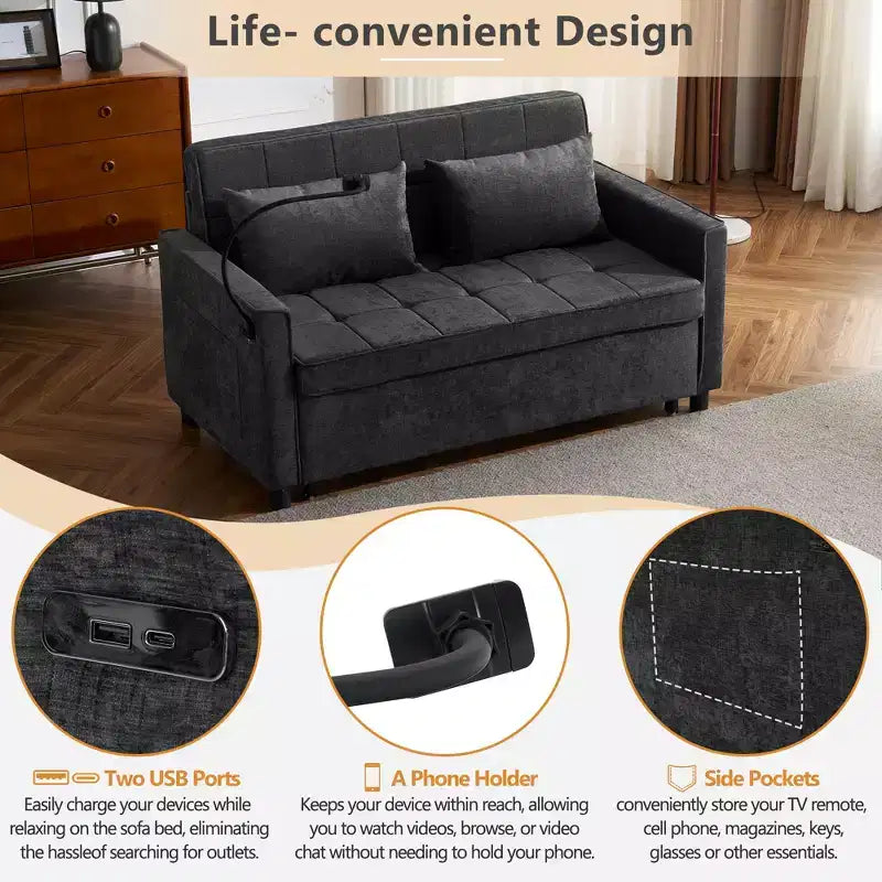 56.9 Convertible Sleeper Sofa Bed, Upholstered Pull Out Sofa with USB and Adjustable Backrest, Foldable Couch Bed for Living Room-Black