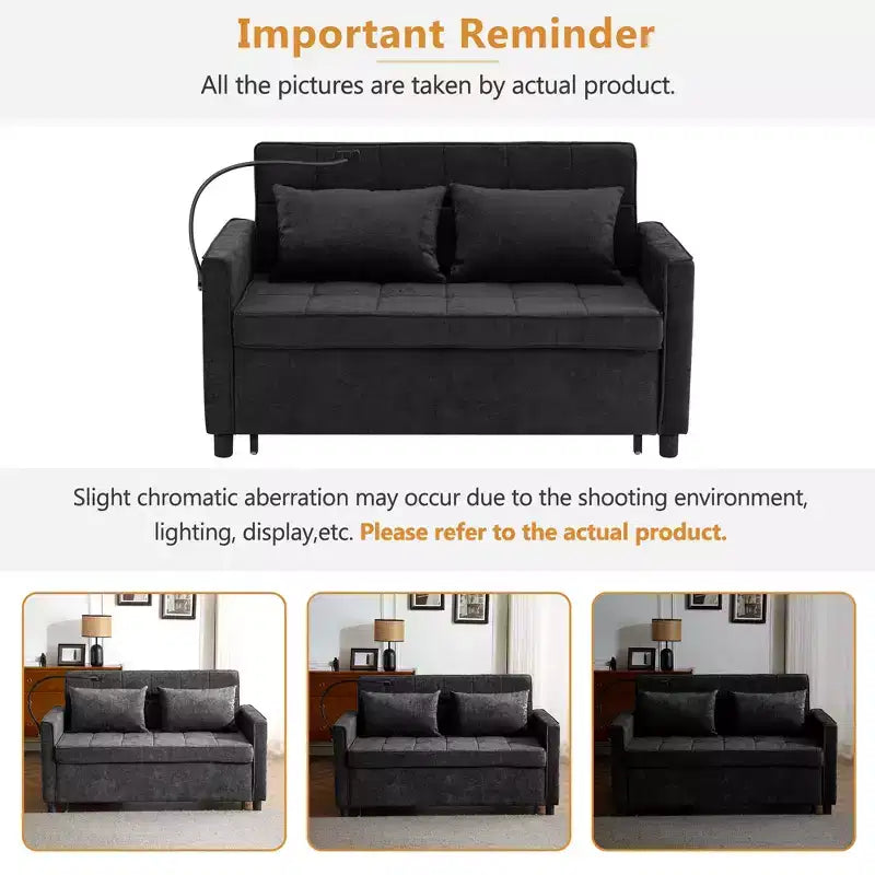 56.9 Convertible Sleeper Sofa Bed, Upholstered Pull Out Sofa with USB and Adjustable Backrest, Foldable Couch Bed for Living Room-Black