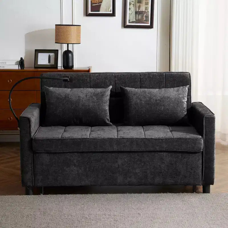 56.9 Convertible Sleeper Sofa Bed, Upholstered Pull Out Sofa with USB and Adjustable Backrest, Foldable Couch Bed for Living Room-Black