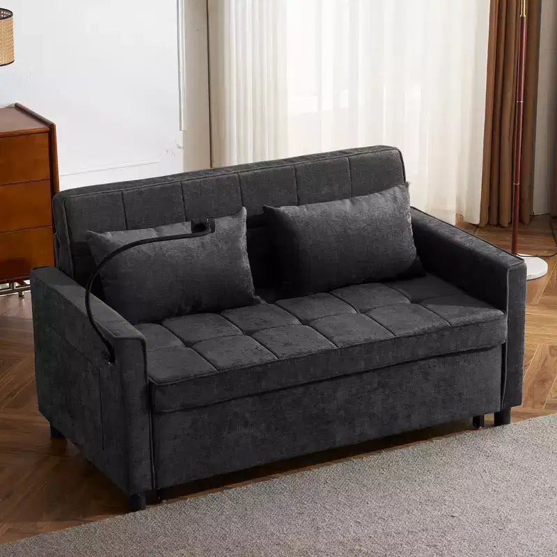 56.9 Convertible Sleeper Sofa Bed, Upholstered Pull Out Sofa with USB and Adjustable Backrest, Foldable Couch Bed for Living Room-Black
