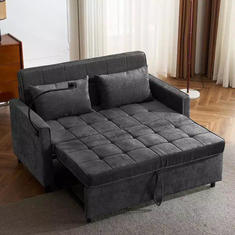 56.9 Convertible Sleeper Sofa Bed, Upholstered Pull Out Sofa with USB and Adjustable Backrest, Foldable Couch Bed for Living Room-Black