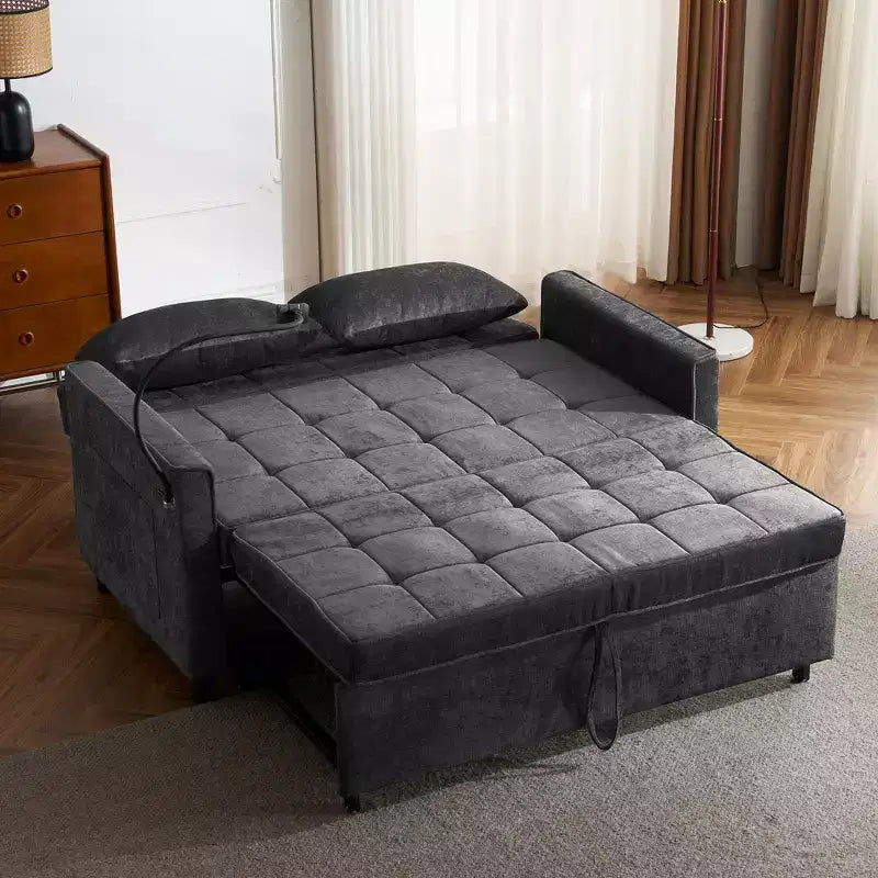 56.9 Convertible Sleeper Sofa Bed, Upholstered Pull Out Sofa with USB and Adjustable Backrest, Foldable Couch Bed for Living Room-Black