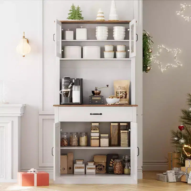 70.9 Tall Kitchen Pantry Cabinet, Wood Cupboard Storage Cabinet with Microwave Stand, Freestanding Hutch Cabinet, Coffee Bar Cabinet