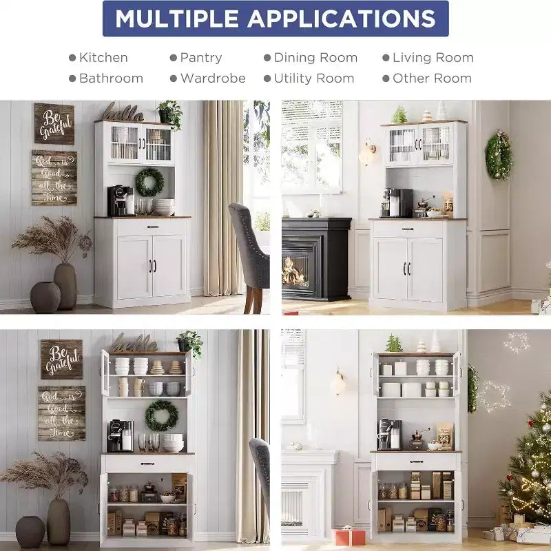 70.9 Tall Kitchen Pantry Cabinet, Wood Cupboard Storage Cabinet with Microwave Stand, Freestanding Hutch Cabinet, Coffee Bar Cabinet