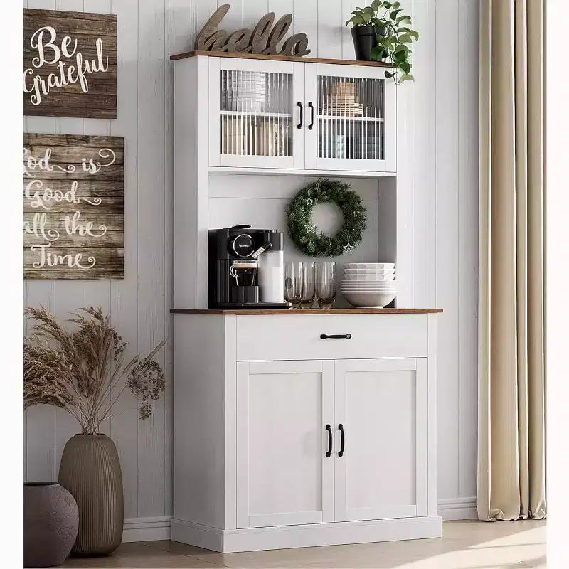 70.9 Tall Kitchen Pantry Cabinet, Wood Cupboard Storage Cabinet with Microwave Stand, Freestanding Hutch Cabinet, Coffee Bar Cabinet