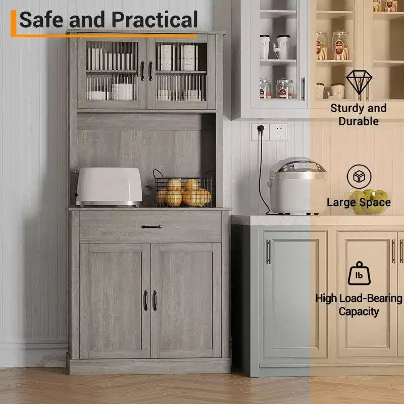 70.9 Tall Kitchen Pantry Cabinet, Wood Cupboard Storage Cabinet with Microwave Stand, Freestanding Hutch Cabinet, Coffee Bar Cabinet