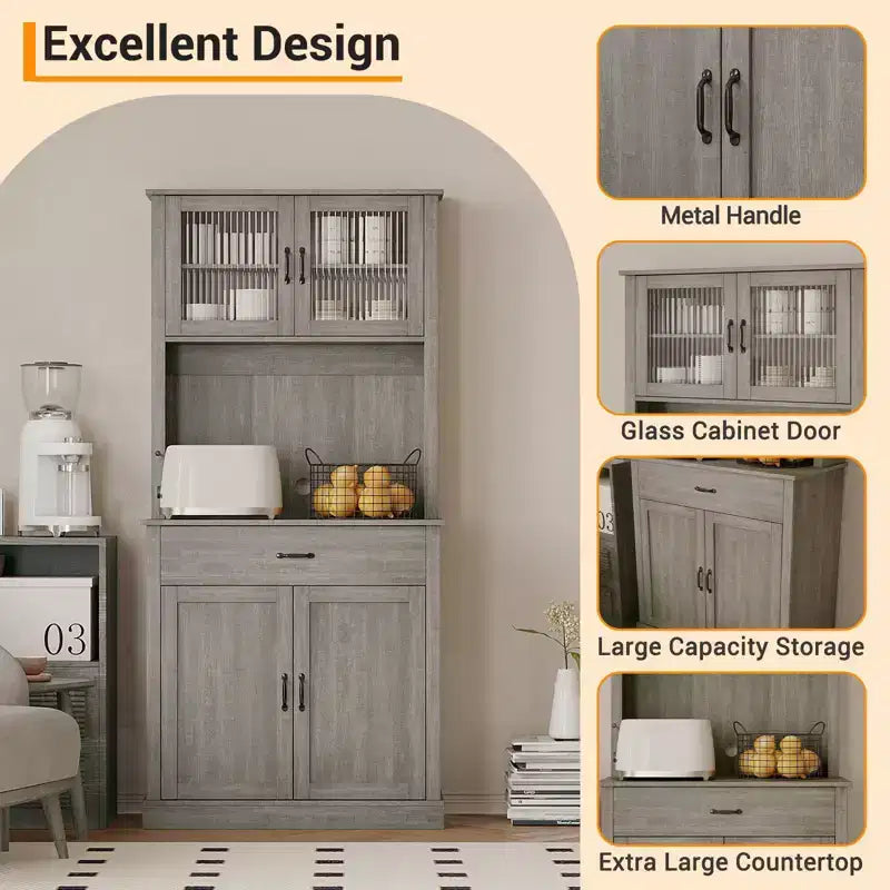 70.9 Tall Kitchen Pantry Cabinet, Wood Cupboard Storage Cabinet with Microwave Stand, Freestanding Hutch Cabinet, Coffee Bar Cabinet