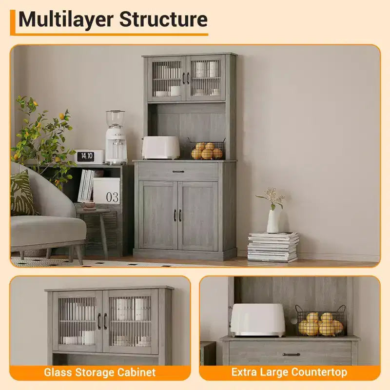 70.9 Tall Kitchen Pantry Cabinet, Wood Cupboard Storage Cabinet with Microwave Stand, Freestanding Hutch Cabinet, Coffee Bar Cabinet