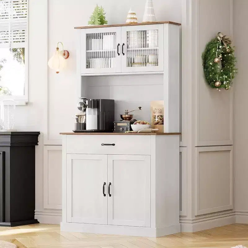 70.9 Tall Kitchen Pantry Cabinet, Wood Cupboard Storage Cabinet with Microwave Stand, Freestanding Hutch Cabinet, Coffee Bar Cabinet
