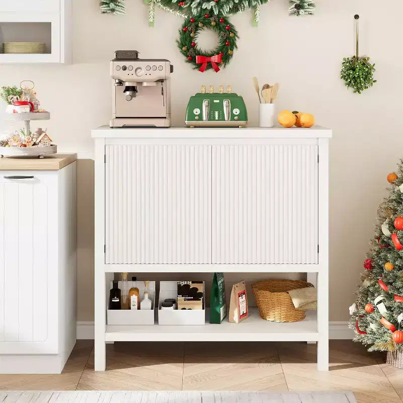Farmhouse Console Table with Storage, Rustic White Entryway Table with Fluted Doors, Buffet Sideboard for Living Room