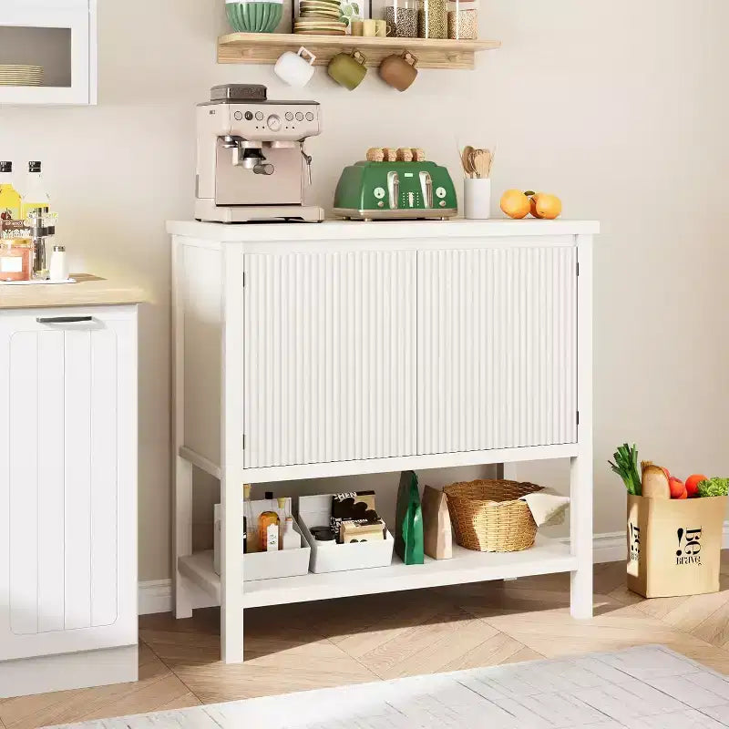 Farmhouse Console Table with Storage, Rustic White Entryway Table with Fluted Doors, Buffet Sideboard for Living Room