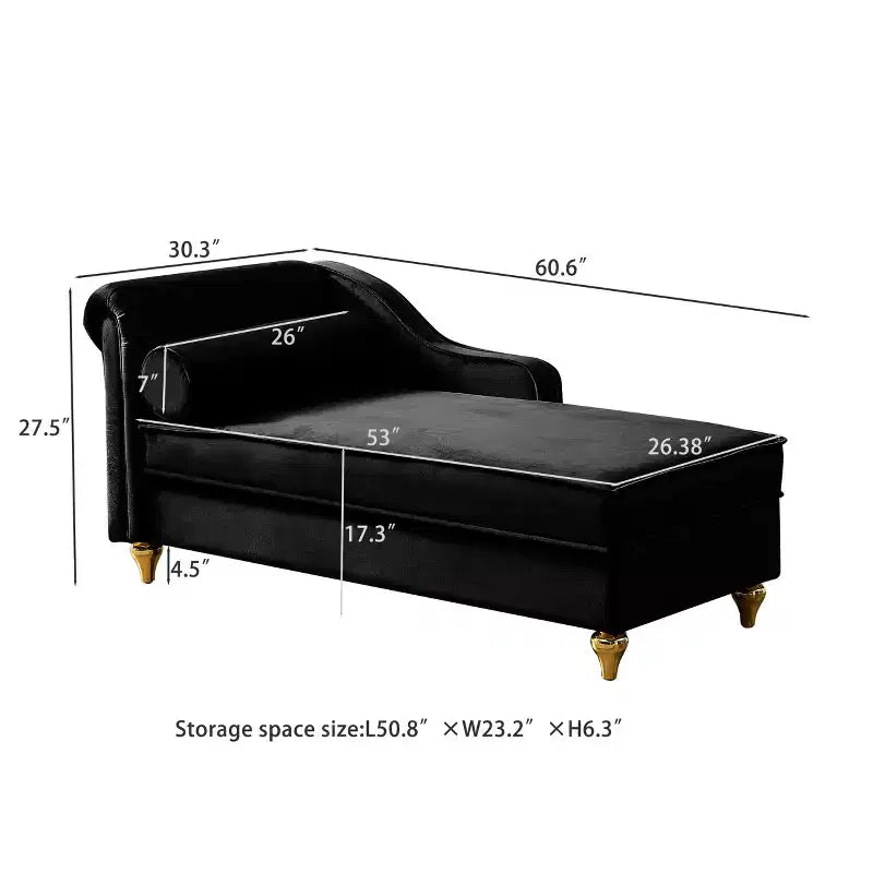 Laurel Velvet Chaise Lounge with Metal Legs and Storage