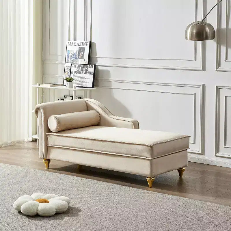 GDFStudio Laurel Velvet Chaise Lounge with Metal Legs and Storage