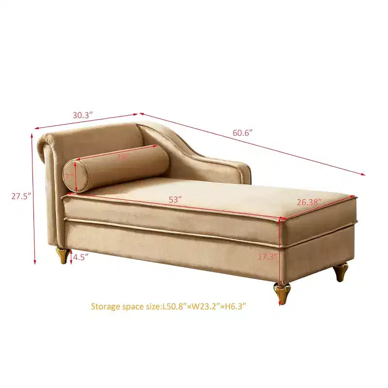 Laurel Velvet Chaise Lounge with Metal Legs and Storage