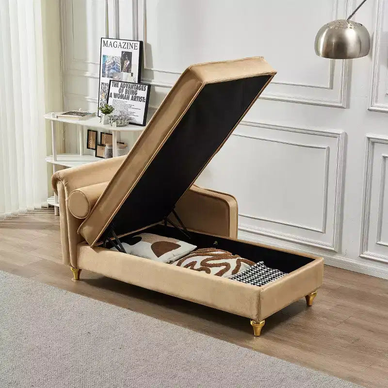 Laurel Velvet Chaise Lounge with Metal Legs and Storage