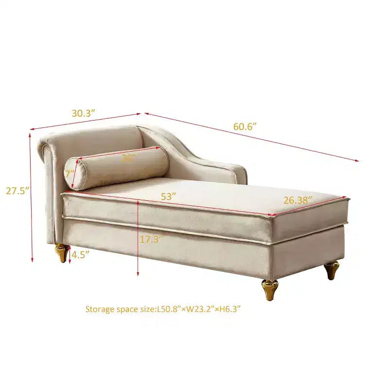 GDFStudio Laurel Velvet Chaise Lounge with Metal Legs and Storage