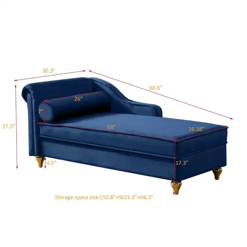 Laurel Velvet Chaise Lounge with Metal Legs and Storage