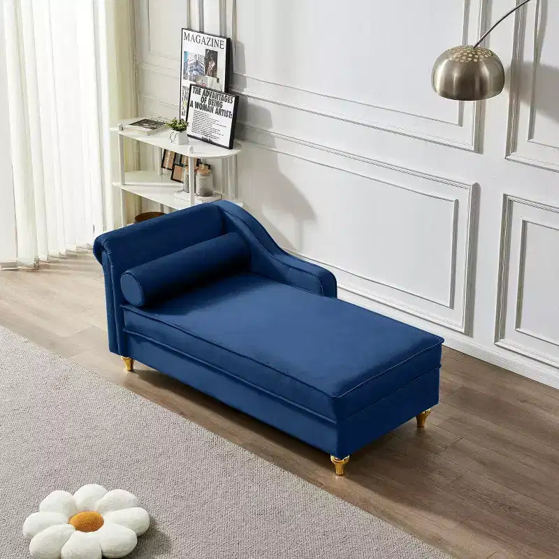 Laurel Velvet Chaise Lounge with Metal Legs and Storage