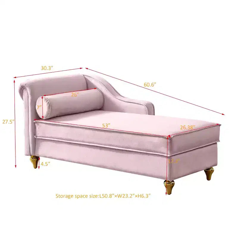 Laurel Velvet Chaise Lounge with Metal Legs and Storage