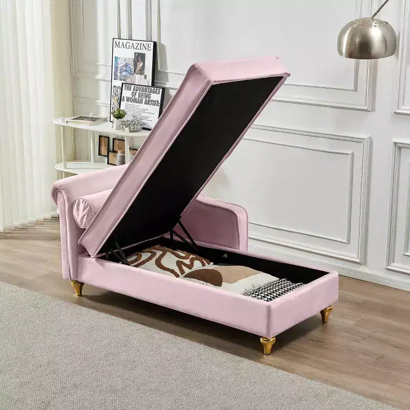 Laurel Velvet Chaise Lounge with Metal Legs and Storage