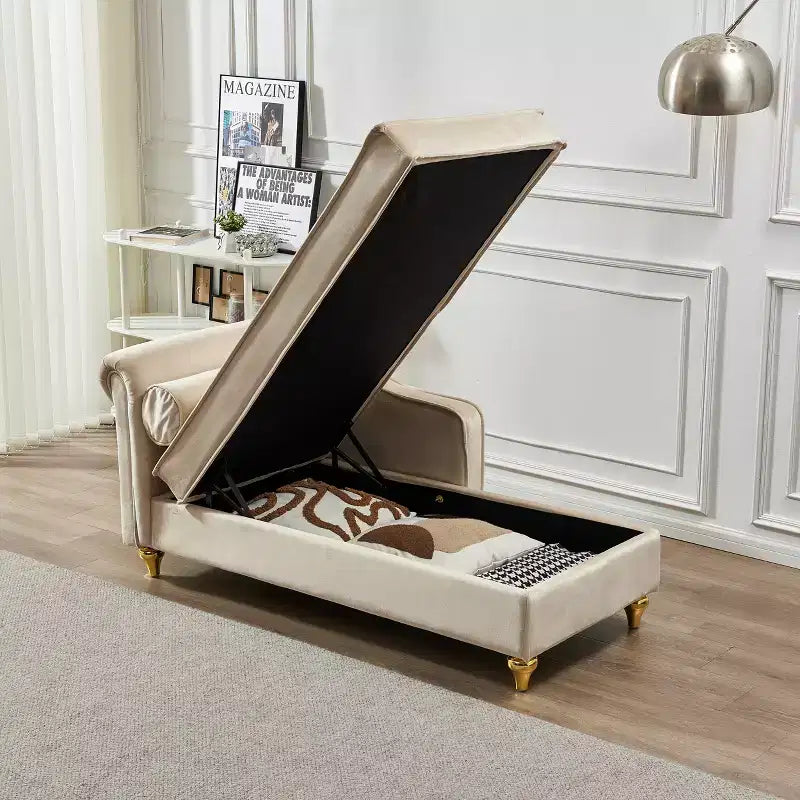 GDFStudio Laurel Velvet Chaise Lounge with Metal Legs and Storage