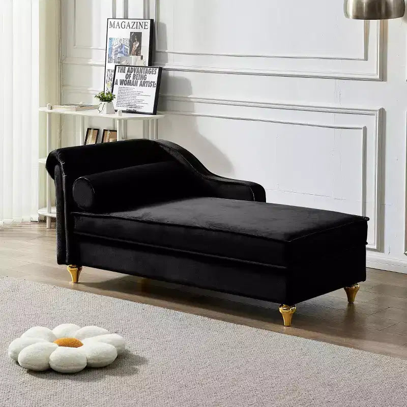 GDFStudio Laurel Velvet Chaise Lounge with Metal Legs and Storage
