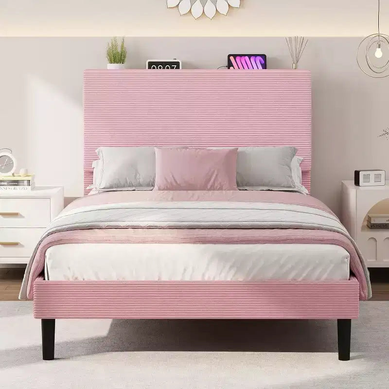 Twin Size Bed Frame, Platform Bed with Adjustable Corduroy Upholstered Storage Headboard and Charging Station, Sturdy Metal Support, Pink