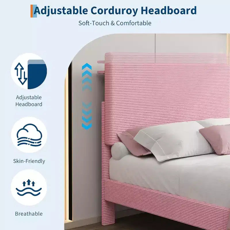 Twin Size Bed Frame, Platform Bed with Adjustable Corduroy Upholstered Storage Headboard and Charging Station, Sturdy Metal Support, Pink