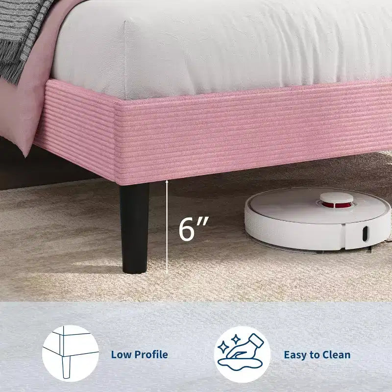 Twin Size Bed Frame, Platform Bed with Adjustable Corduroy Upholstered Storage Headboard and Charging Station, Sturdy Metal Support, Pink
