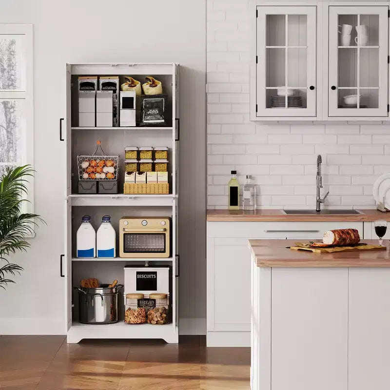 71 Tall Farmhouse Pantry Cabinet, 4-Door Wood Storage Cupboard with Adjustable Shelves, Freestanding Kitchen Cabinet for Dining & Living Room