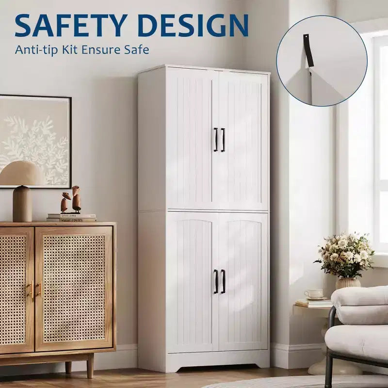 71 Tall Farmhouse Pantry Cabinet, 4-Door Wood Storage Cupboard with Adjustable Shelves, Freestanding Kitchen Cabinet for Dining & Living Room