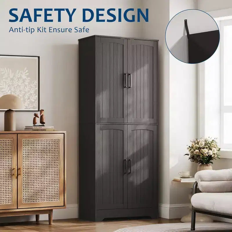 71 Tall Farmhouse Pantry Cabinet, 4-Door Wood Storage Cupboard with Adjustable Shelves, Freestanding Kitchen Cabinet for Dining & Living Room
