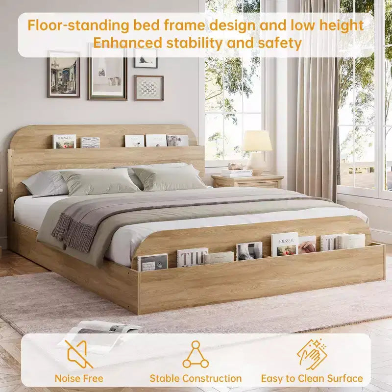 Sturdy Storage Headboard Bed Frame - Wooden Platform, Raised Footboard, Slat Support, No Box Spring Needed, White & Walnut, Bedroom Furniture