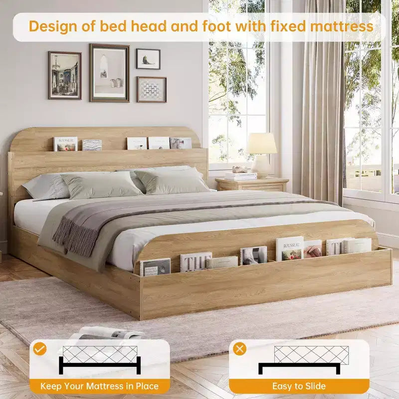 Sturdy Storage Headboard Bed Frame - Wooden Platform, Raised Footboard, Slat Support, No Box Spring Needed, White & Walnut, Bedroom Furniture