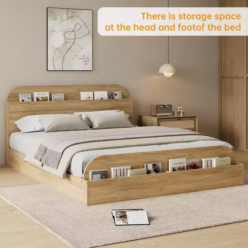 Sturdy Storage Headboard Bed Frame - Wooden Platform, Raised Footboard, Slat Support, No Box Spring Needed, White & Walnut, Bedroom Furniture
