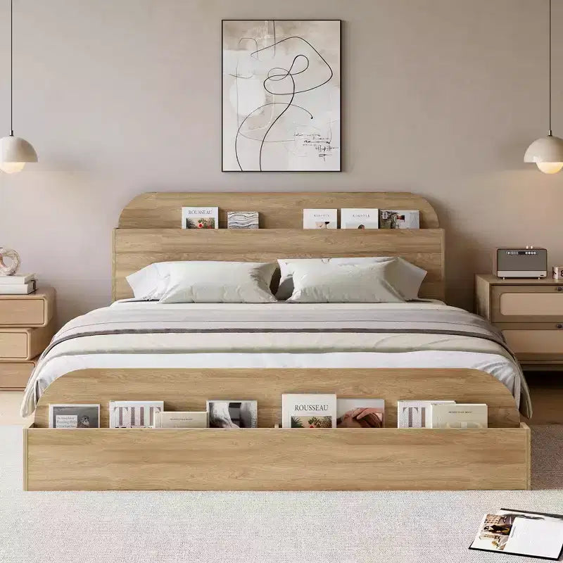 Sturdy Storage Headboard Bed Frame - Wooden Platform, Raised Footboard, Slat Support, No Box Spring Needed, White & Walnut, Bedroom Furniture