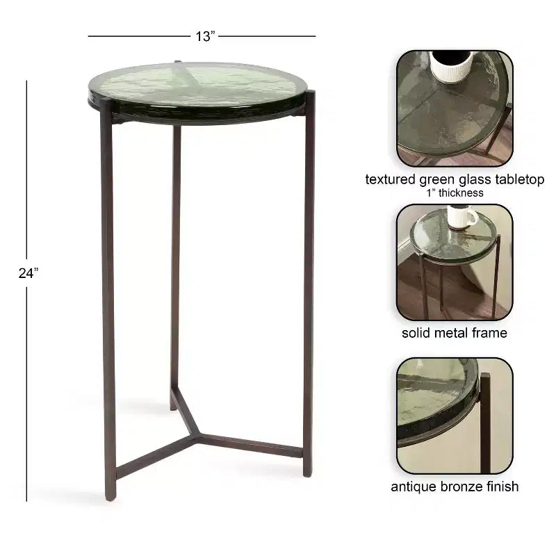 Kate and Laurel Aguilar Glass and Metal Side Table, Green and Bronze, 13x13x24