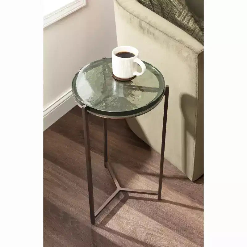 Kate and Laurel Aguilar Glass and Metal Side Table, Green and Bronze, 13x13x24