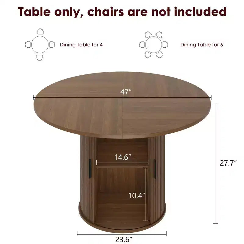 47 Round Dining Table for 4, Modern Circle Kitchen Dinner Table w/ 2-Tier Storage Shelf & Wood Sliding Door, Space-Saving Furniture for Home