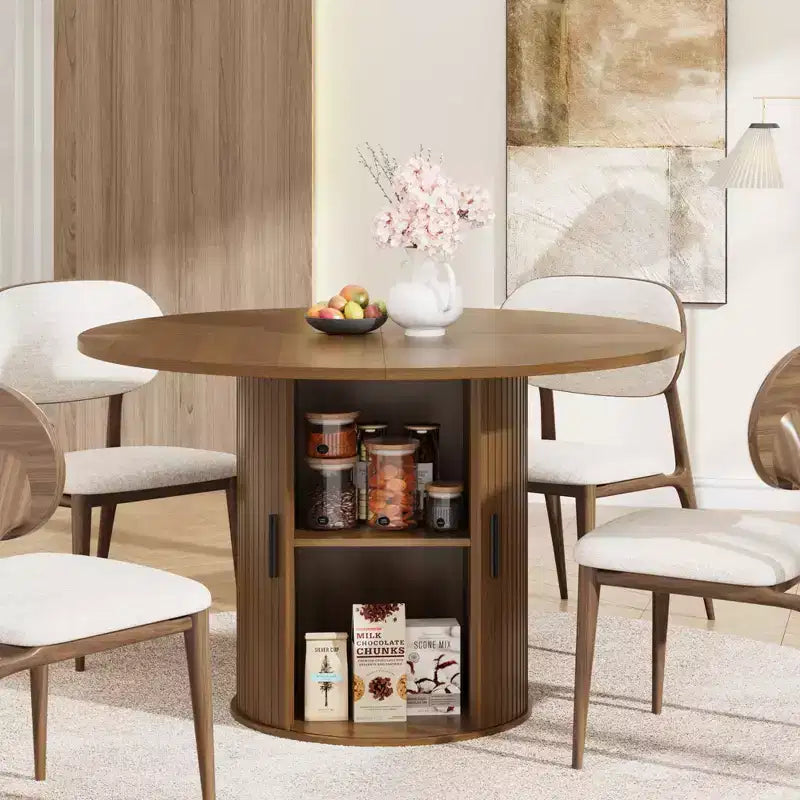 47 Round Dining Table for 4, Modern Circle Kitchen Dinner Table w/ 2-Tier Storage Shelf & Wood Sliding Door, Space-Saving Furniture for Home