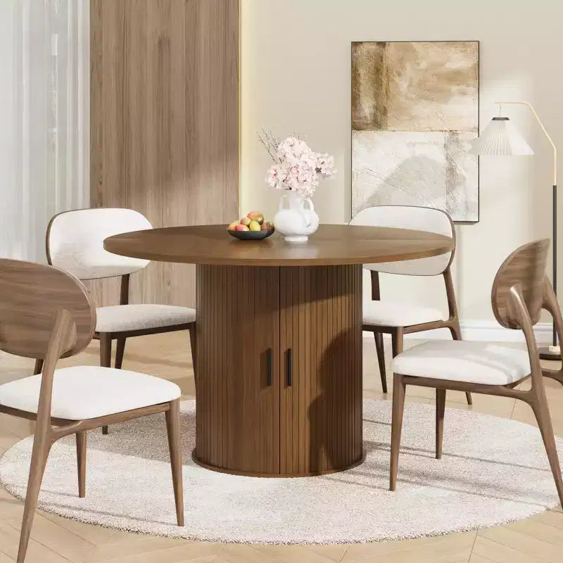 47 Round Dining Table for 4, Modern Circle Kitchen Dinner Table w/ 2-Tier Storage Shelf & Wood Sliding Door, Space-Saving Furniture for Home