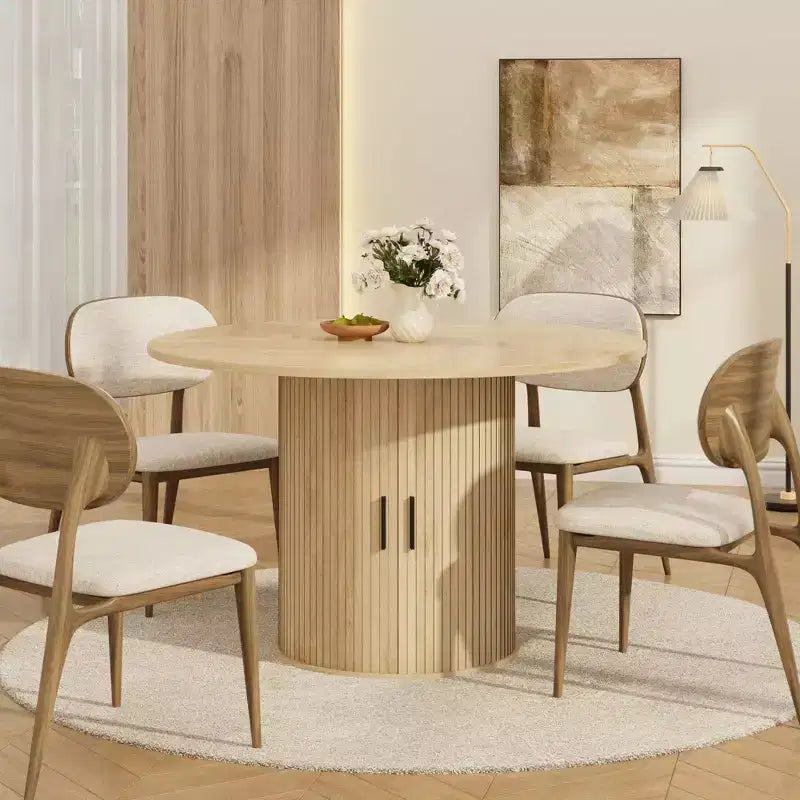 47 Round Dining Table for 4, Modern Circle Kitchen Dinner Table w/ 2-Tier Storage Shelf & Wood Sliding Door, Space-Saving Furniture for Home